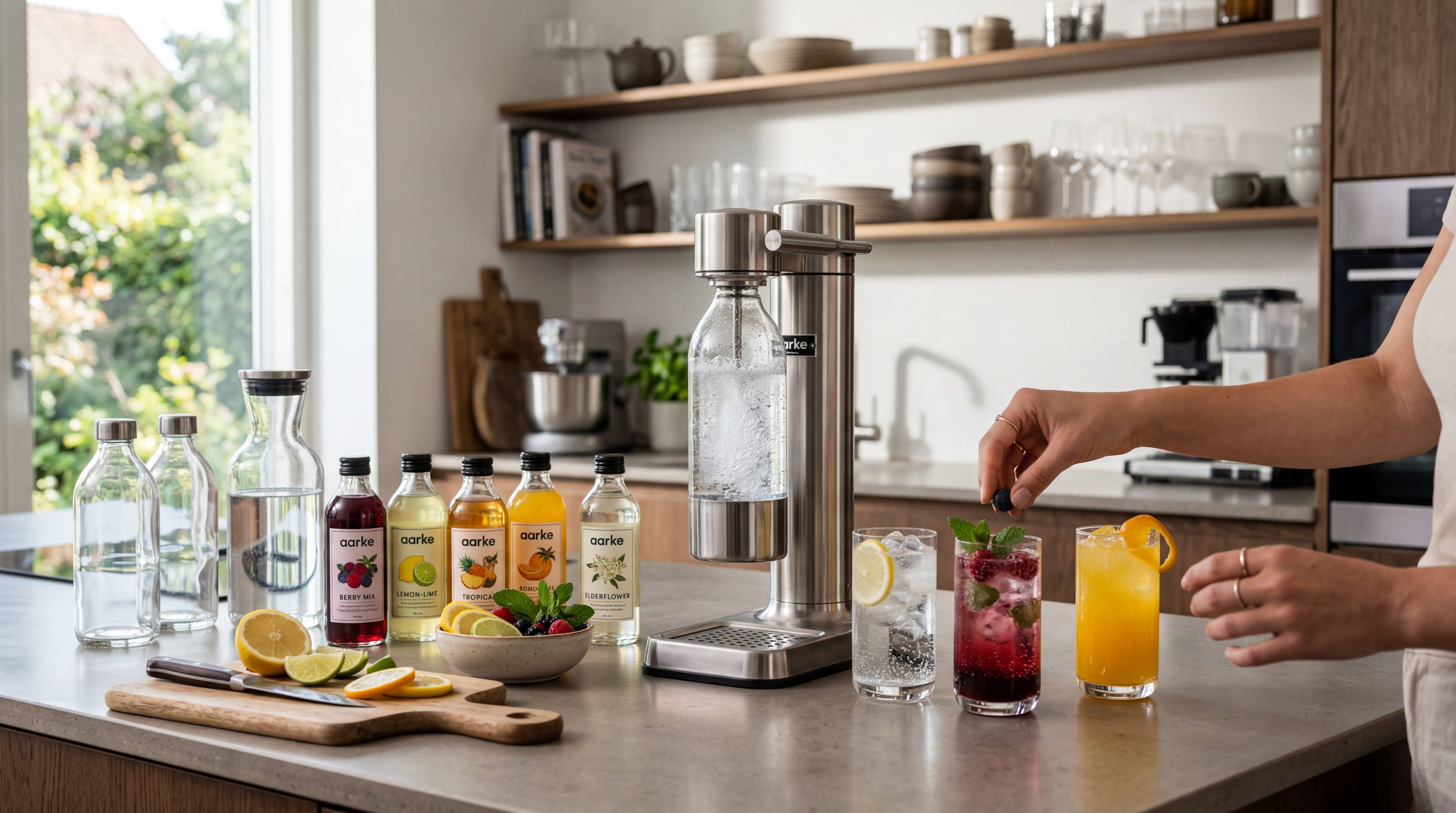 Modern soda maker creating sparkling water in a stylish home kitchen with flavored syrups, fresh citrus, and customized drinks